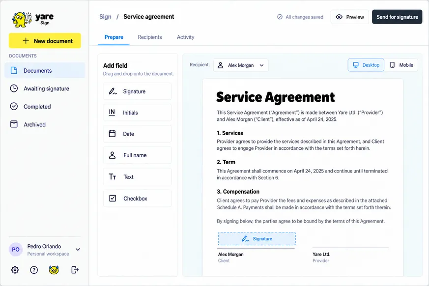 Yare Sign interface preview